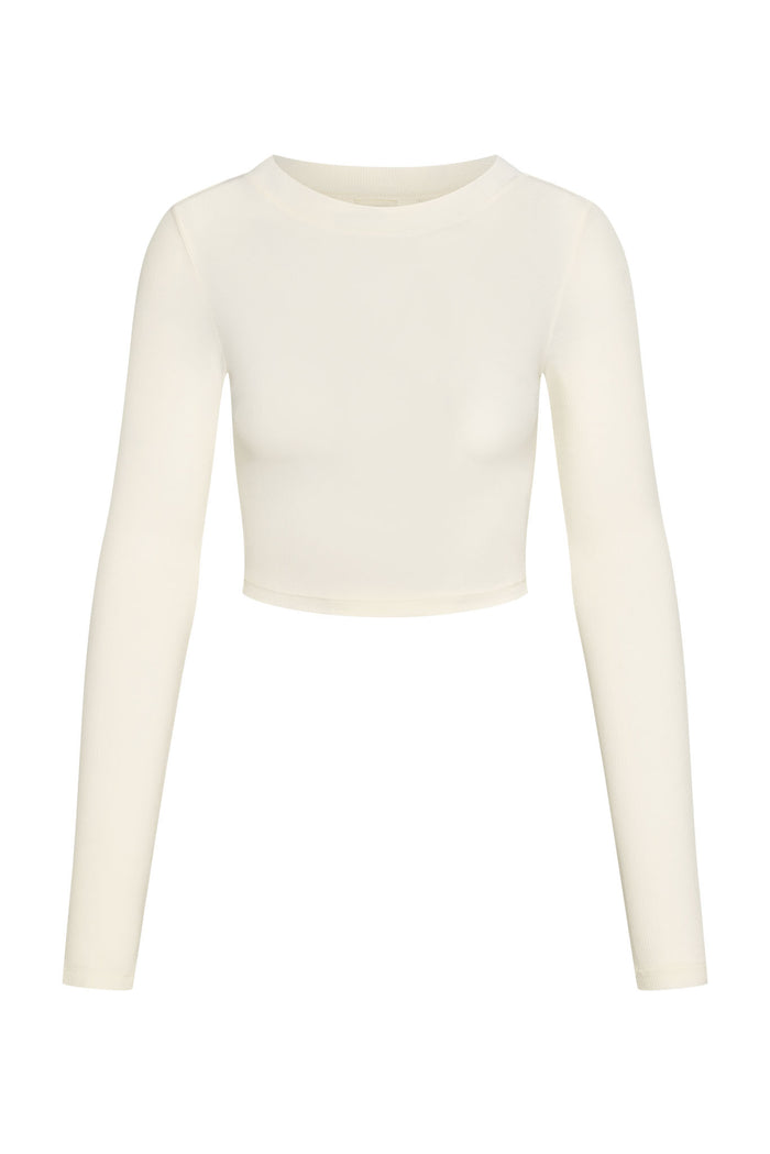 Ivory long-sleeve cropped ribbed top with crew neckline