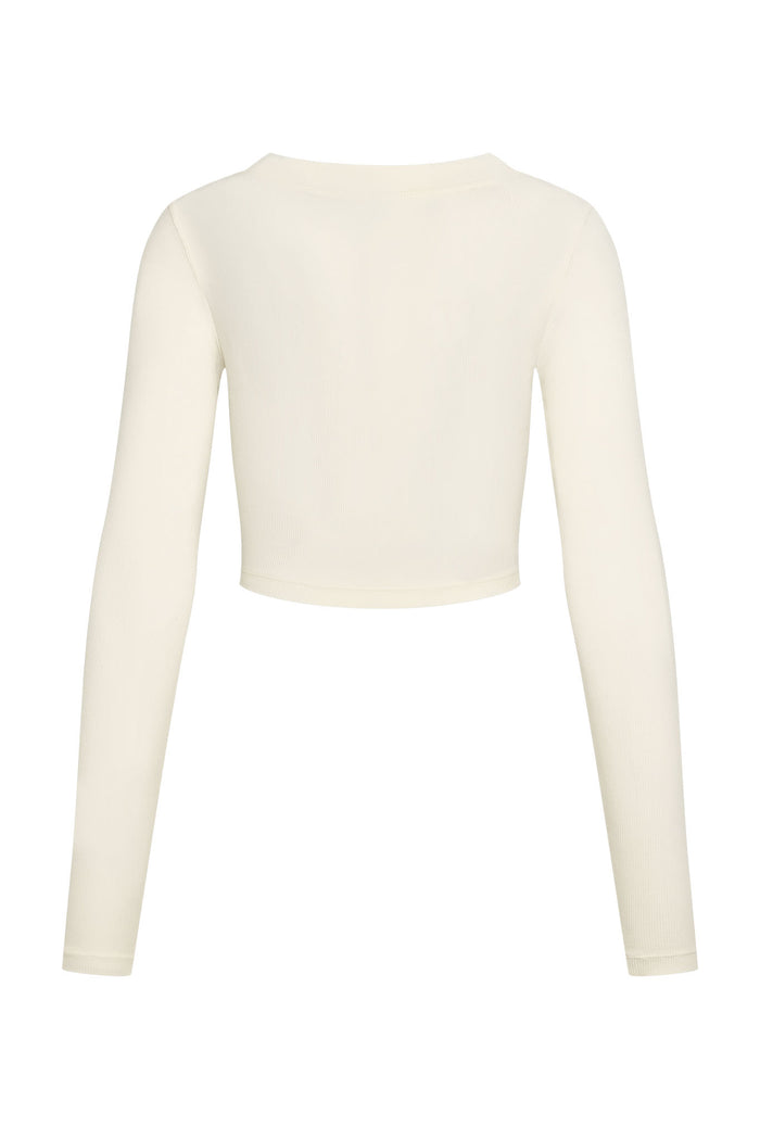 Back view of Hayworth long-sleeve cropped top showcasing ivory lightweight rib texture and crew neckline on white background