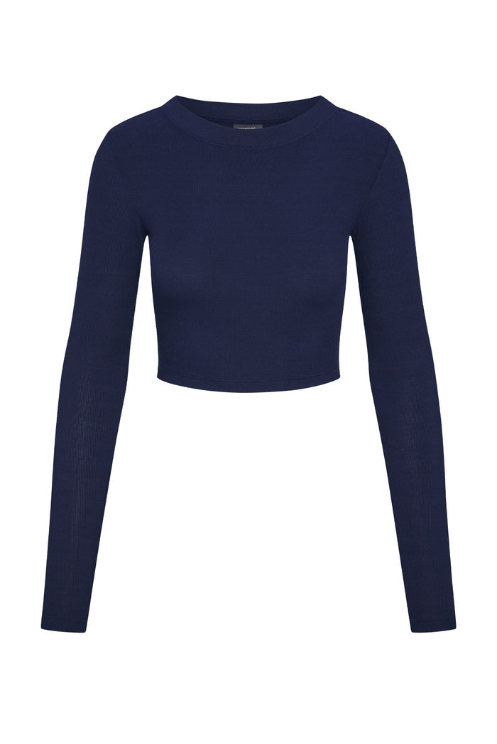 Front view of Hayworth Long Sleeve cropped top in midnight with crew neck, long sleeves and ribbed texture