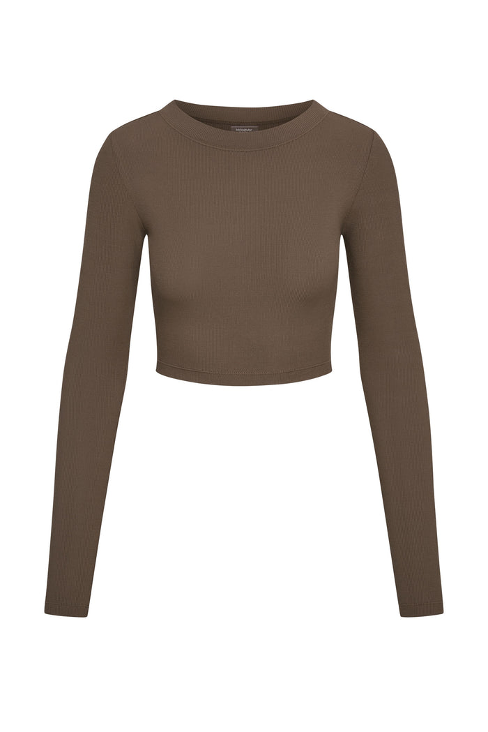 Front view of Hayworth Long Sleeve crop top showcasing lightweight ribbed fabric and cropped hem on white background