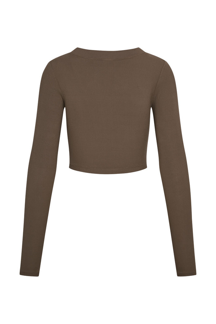 Back view of Hayworth Long Sleeve crop top in stone ribbed fabric showcasing long sleeves and cropped hem on white background
