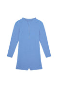Front view of Hilo One Piece in Azure Crinkle showcasing textured crinkle fabric, center-front zip, long sleeves, and short legs on white background
