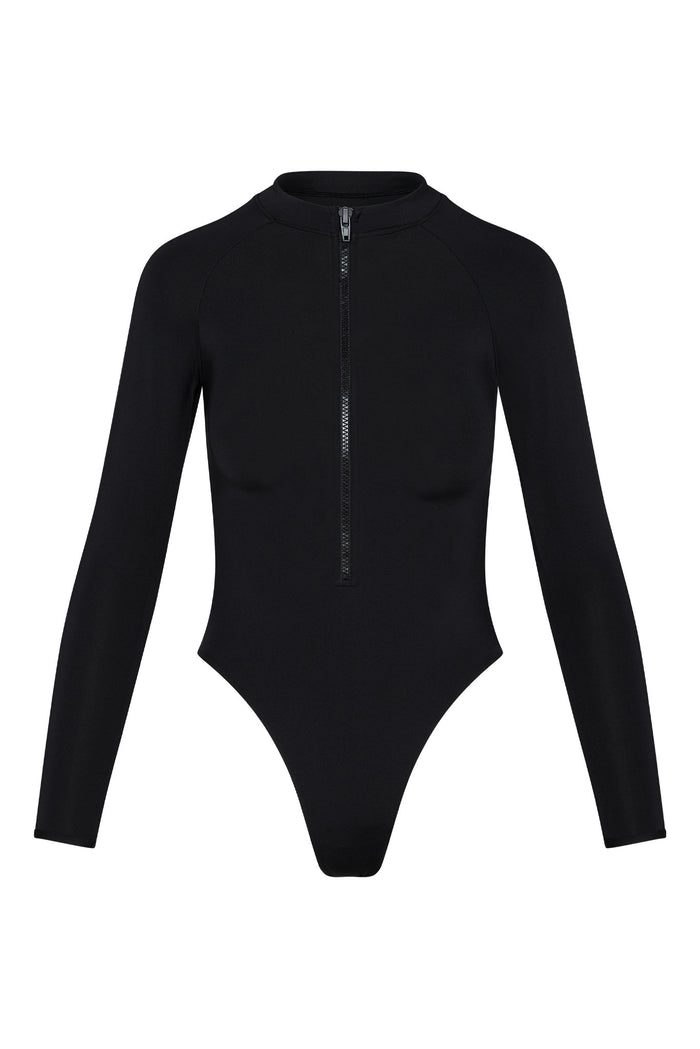 Black long-sleeve, zip-front high-cut bodysuit with crew neckline