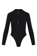 Black long-sleeve, zip-front high-cut bodysuit with crew neckline