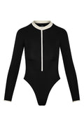 Front view of Hilo One Piece swimsuit showcasing long sleeves, high-cut leg, center zip and ivory contrast collar and cuffs on white background