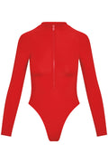 Front view of Hilo One Piece in Chili Pepper showcasing long sleeves, locking zip-front and high-cut leg on white background