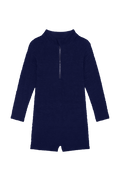 Front of Hilo One Piece in Midnight Crinkle with center-front zipper, long sleeves, short legs on black background