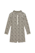 Front of Hilo One Piece Kids in black gingham showing long sleeves, center front zipper, scoop neckline on white background