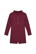 Front view of Hilo one-piece kids swimsuit in fig crinkle with long sleeves and center front zipper on white background