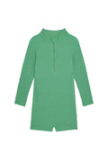 Front view of Hilo kids one-piece swimsuit in Pond Crinkle with long sleeves, front zipper, short legs on white background