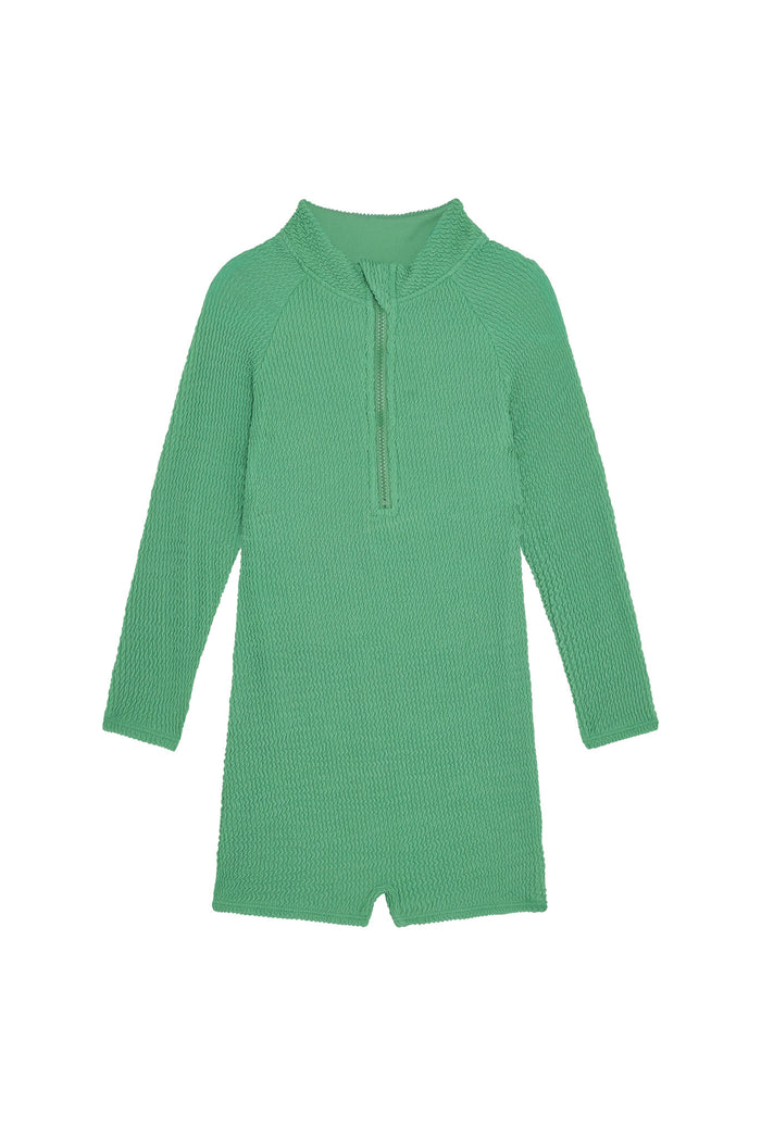 Front view of Hilo kids one-piece swimsuit in Pond Crinkle with long sleeves, front zipper, short legs on white background