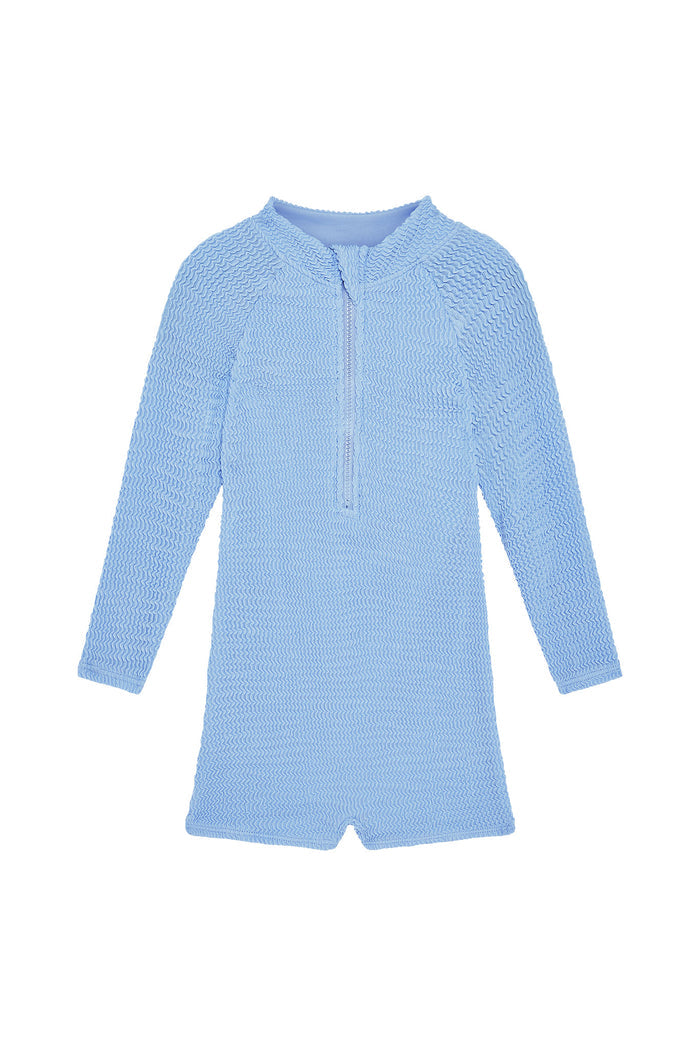 Front flat lay of Hilo One Piece Kids in Sky Crinkle showing long sleeves and center front zipper on white background