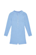 Front flat lay of Hilo One Piece Kids in Sky Crinkle showing long sleeves and center front zipper on white background