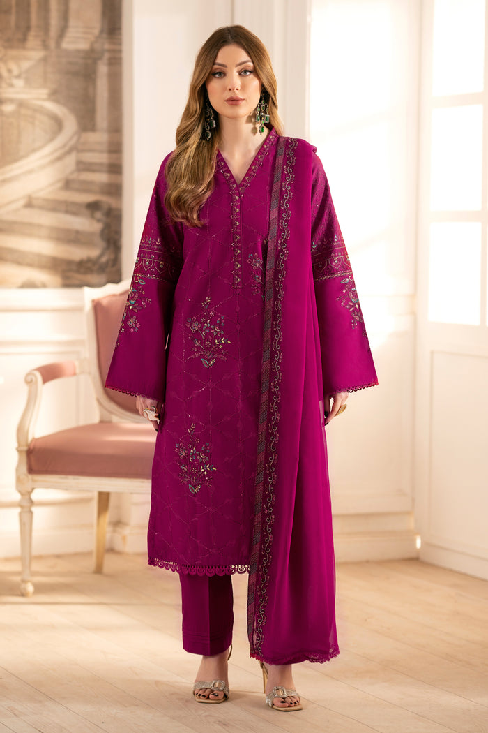 NAQSHI Hira rose‑pink cambric straight shirt featuring heavy beaded embroidered neckline, lace‑trim hem and matching pleated cambric trousers