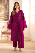 NAQSHI Hira rose‑pink cambric straight shirt featuring heavy beaded embroidered neckline, lace‑trim hem and matching pleated cambric trousers