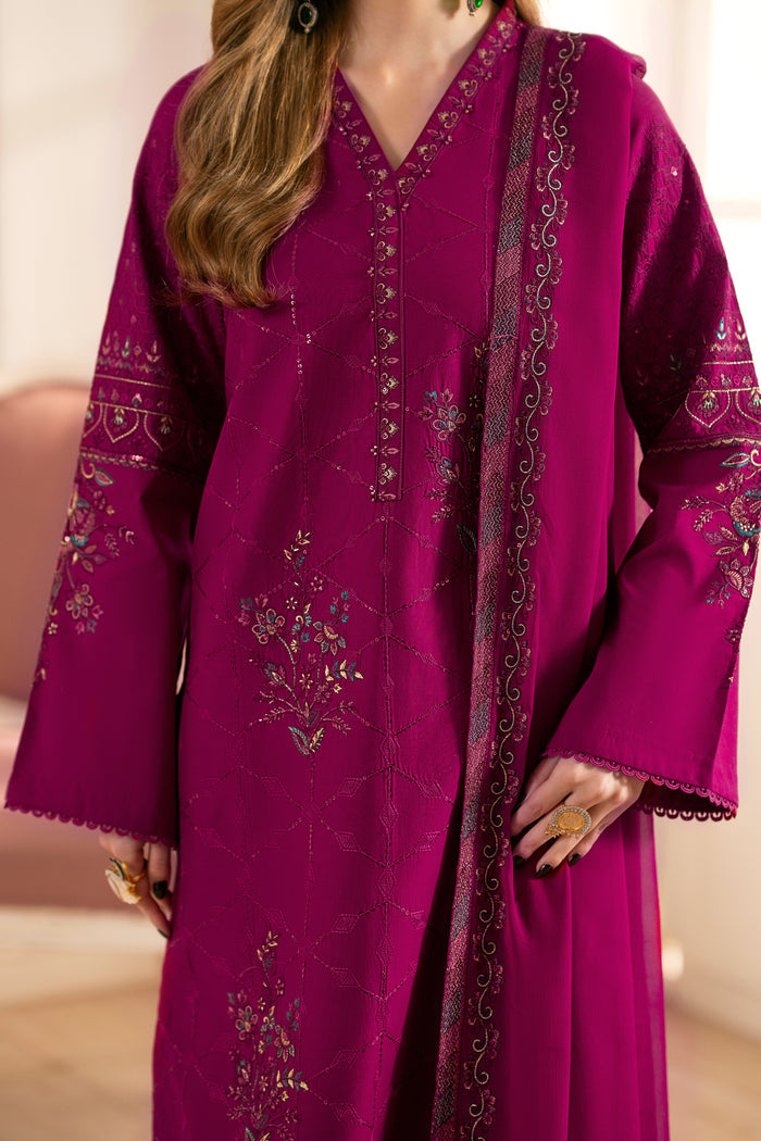 NAQSHI Hira light rose-pink crinkle dupatta draped fully, showcasing lengthwise floral embroidery and decorative lace pallu