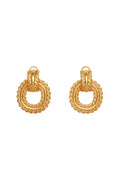Gold double-ring hoop earrings with twisted rope-texture outer ring and smooth inner ring, on white background.