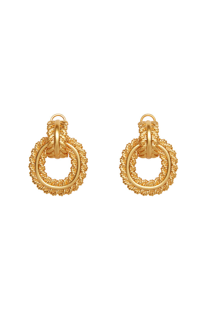 Gold double-ring hoop earrings with twisted rope-texture outer ring and smooth inner ring, on white background.
