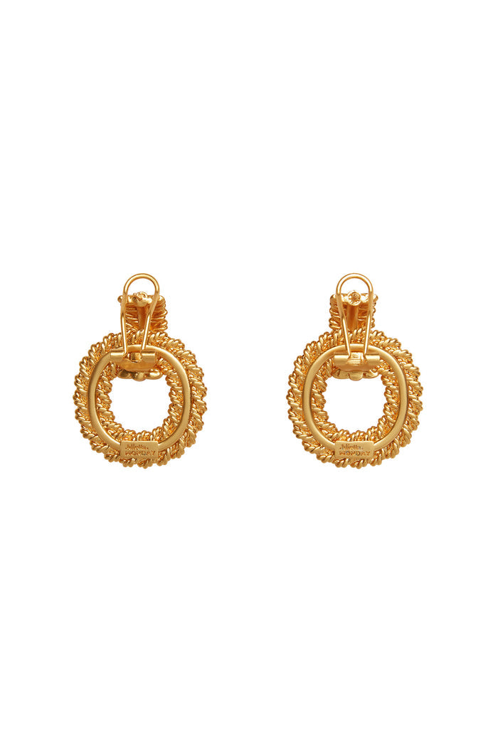 Pair of textured gold hoop drop earrings with braided rope detail and hinged clip backs on white background