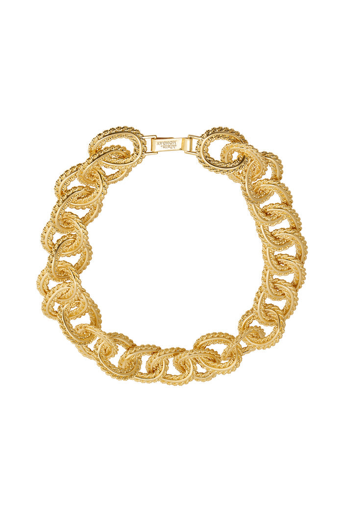Gold braided rope-link necklace with textured twisted circular links and hinged clasp — MADE IN ITALY