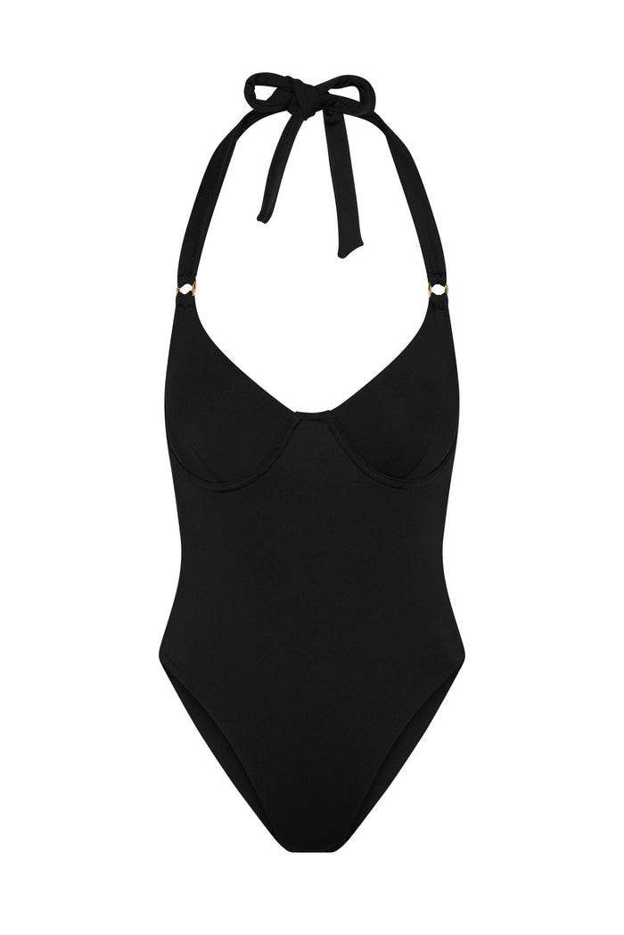 Black halter one-piece swimsuit with underwire cups, tie neck and small gold strap rings