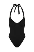 Black halter one-piece swimsuit with underwire cups, tie neck and small gold strap rings