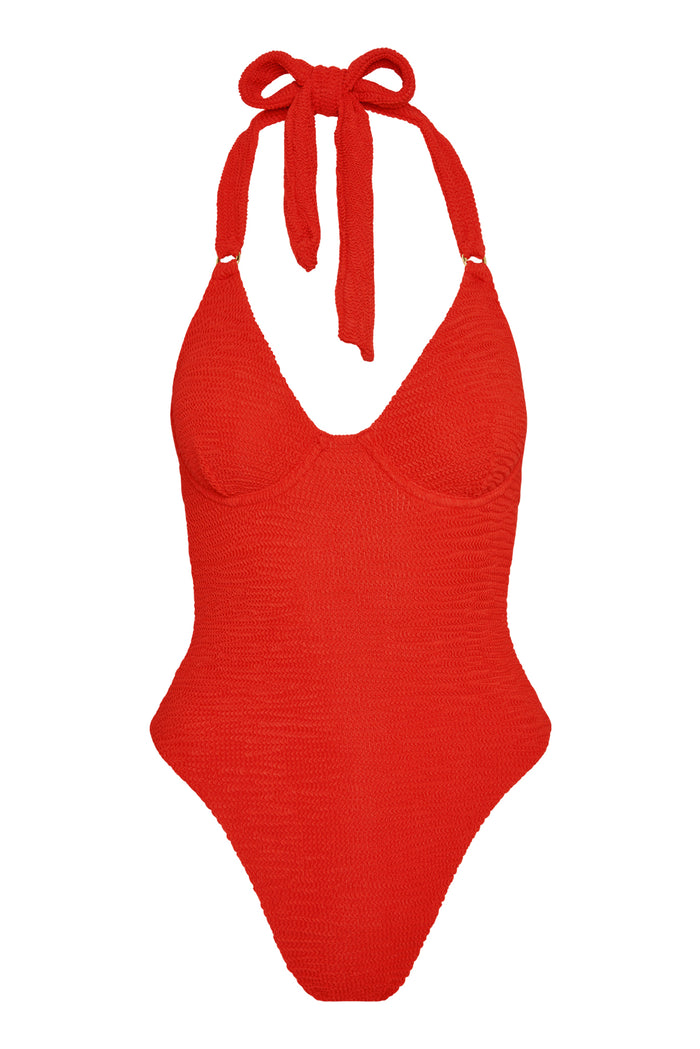 Front of Honolulu One Piece in Chili Pepper Crinkle showing underwire ring cups, adjustable halter tie, high‑leg cut on white background
