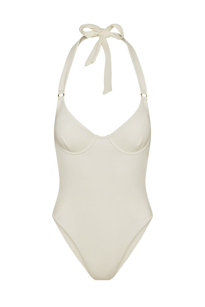 Front view of Honolulu One Piece in Ivory with underwire cups, halter neck tie with gold rings, and smooth seamless body on white background