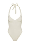 Front view of Honolulu One Piece in Ivory with underwire cups, halter neck tie with gold rings, and smooth seamless body on white background