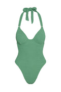 Front of Honolulu One Piece in Pond Crinkle with underwire halter, textured fabric and tied neck straps on white