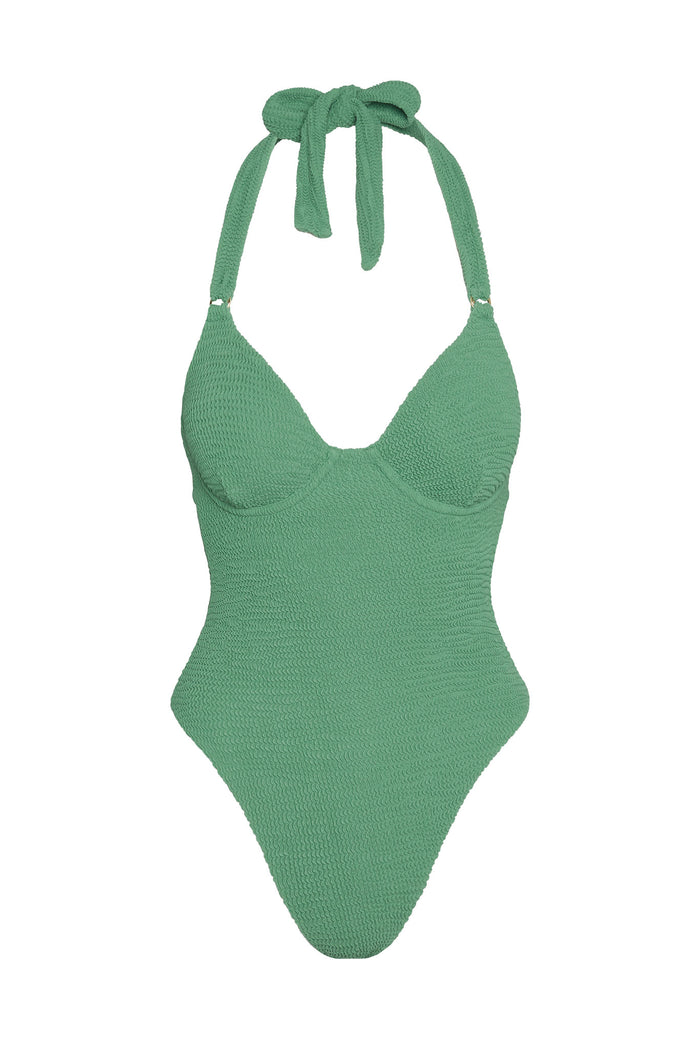 Front of Honolulu One Piece in Pond Crinkle with underwire halter, textured fabric and tied neck straps on white
