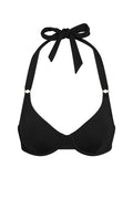 Black halter bikini top with underwire cups, gold ring hardware at straps and a tie-neck bow