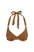 Front view of Honolulu Top caramel, showing halter tie straps, underwire cups and gold ring hardware on white background