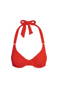 Front view of Honolulu Top in Chili Pepper Crinkle showing underwire cups, crinkle fabric and knotted halter tie on white