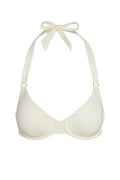 Cream halter bikini top with neck tie, underwire cups and small gold ring accents
