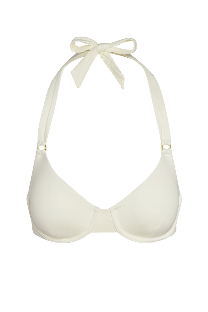 Cream halter bikini top with neck tie, underwire cups and small gold ring accents