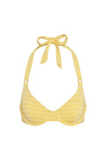 Front close-up of Honolulu Top - Meyer Stripe showing underwire cups, gold ring detail and tied halter neck on white background
