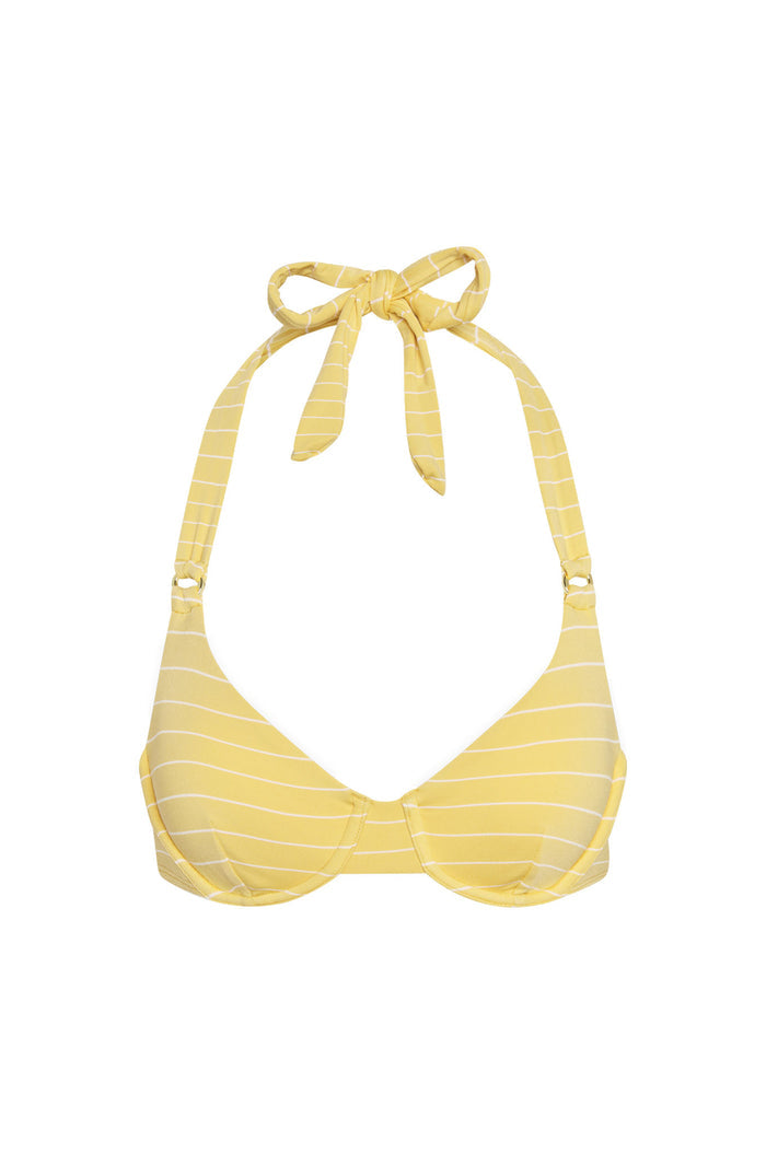 Front close-up of Honolulu Top - Meyer Stripe showing underwire cups, gold ring detail and tied halter neck on white background