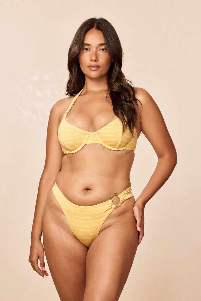 Front view of Honolulu Top Meyer Stripe on model showcasing underwire cups, adjustable halter tie and gold ring detail