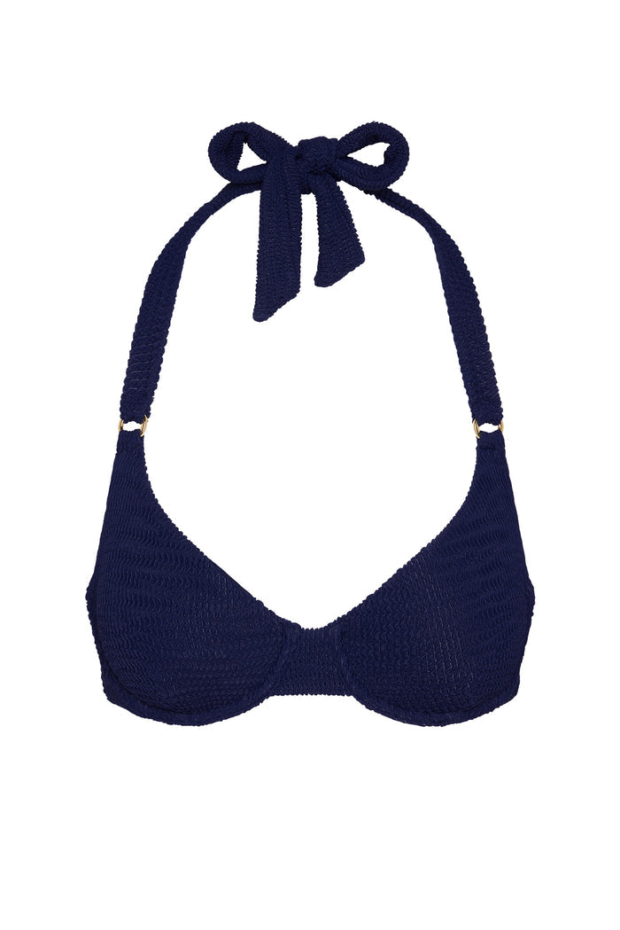 Navy textured halter bikini top with tied bow at neck and gold rings at straps