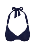 Navy textured halter bikini top with tied bow at neck and gold rings at straps