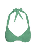 Front close-up of Honolulu Top in Pond Crinkle with textured fabric, underwire cups, and knotted halter tie on white