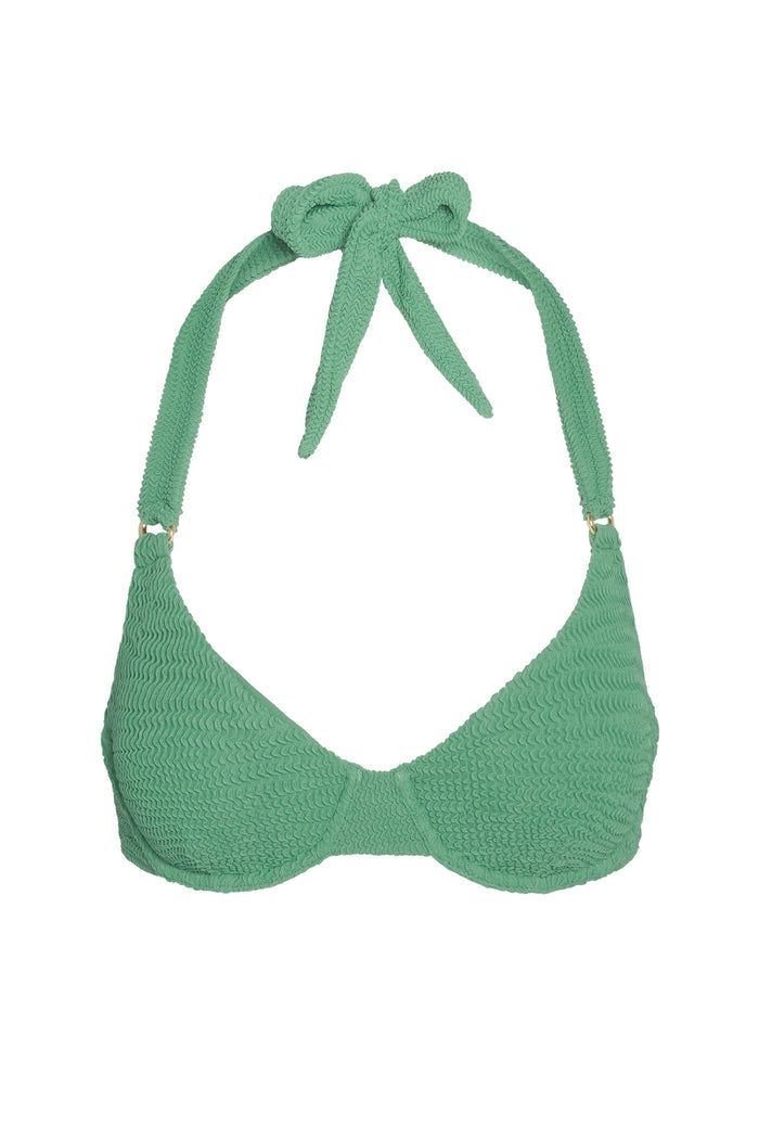 Front close-up of Honolulu Top in Pond Crinkle with textured fabric, underwire cups, and knotted halter tie on white