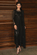 Black net embroidered long shirt by NAQSHI with near-neck design, full sequin and adda work, straight PK raw silk trousers, and formal event styling.