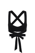 Front view of Hudson Bra in black showcasing deep V-neck, crossed wrap straps and long wrap ties on white background