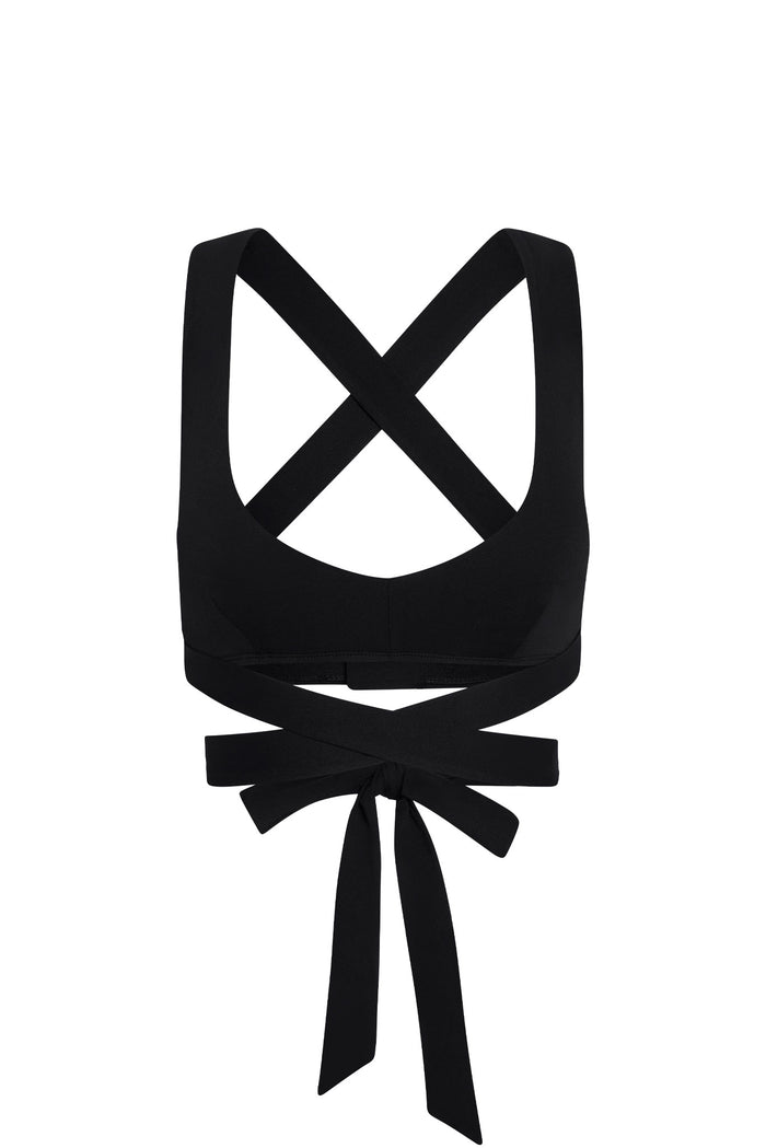 Front view of Hudson Bra in black showcasing deep V-neck, crossed wrap straps and long wrap ties on white background