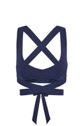 Back view of Hudson Bra in Midnight Jersey showcasing crossed straps and long wrap-around tie on white background