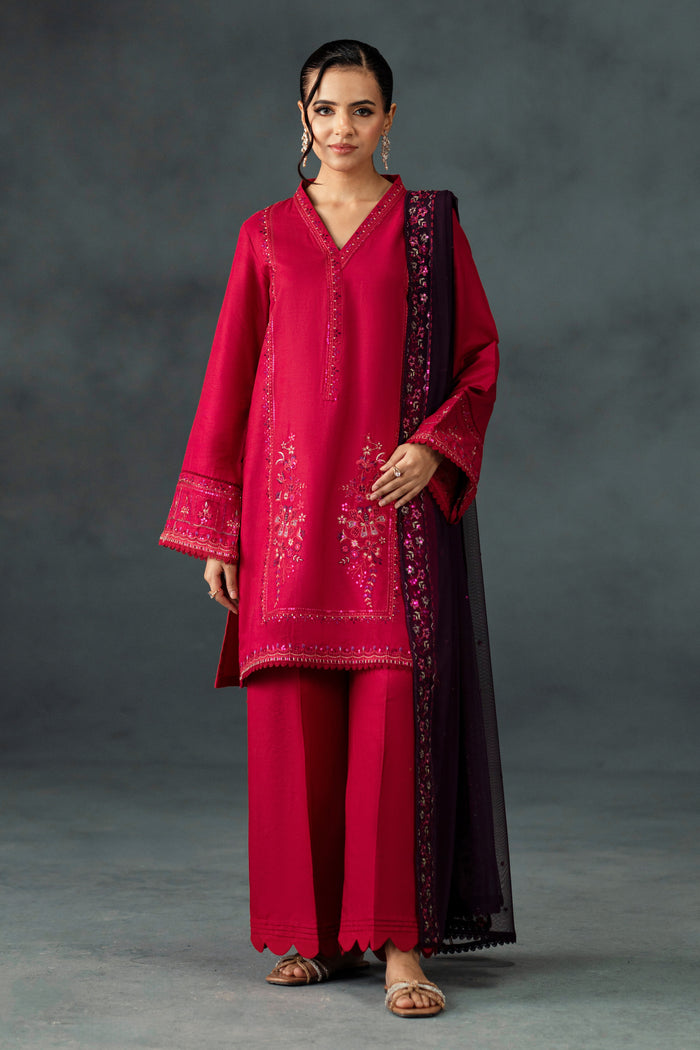 NAQSHI Humaira shocking pink cotton satin 3-piece ready-to-wear formal outfit with embroidered band neck, culotte trousers and plum net dupatta for weddings and party events