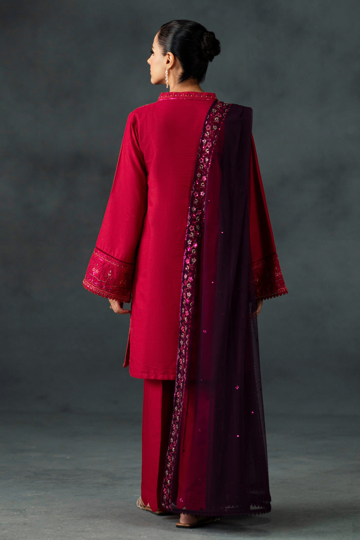Back view of NAQSHI Humaira 3-piece formal dress in shocking pink and plum with elegant embroidered shirt, loose culottes and draped dupatta for event wear