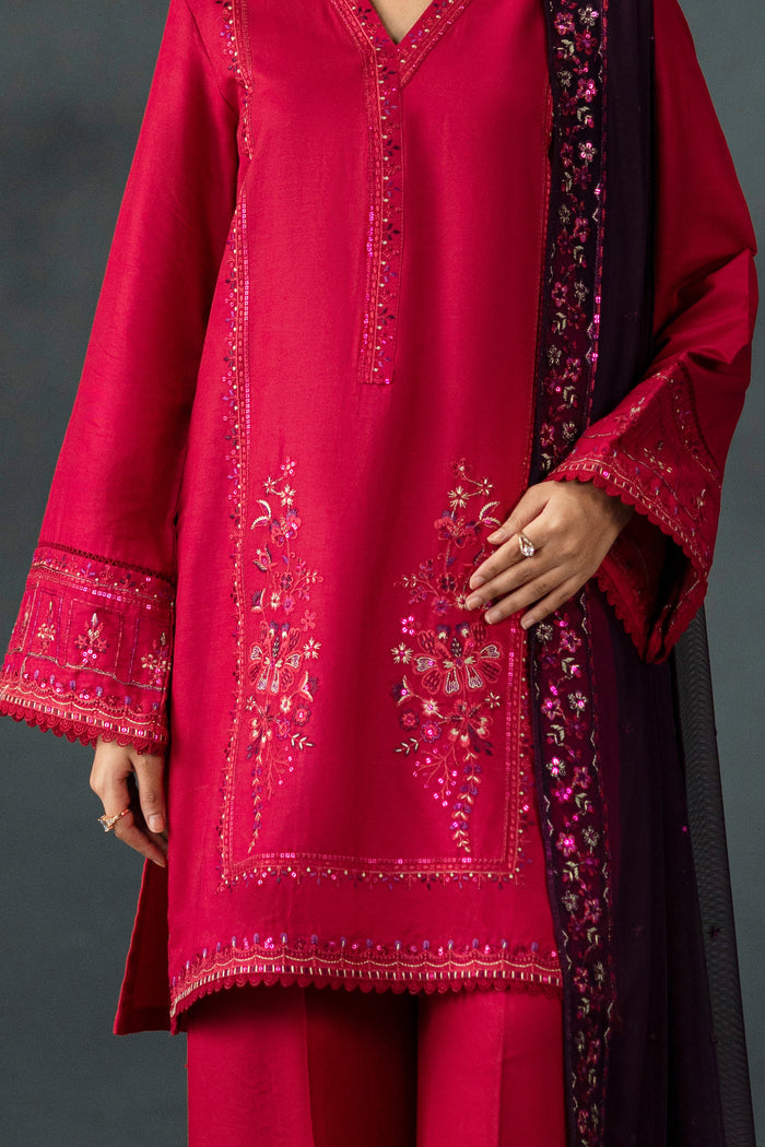 Close up of NAQSHI Humaira embroidered band neck and sequin details on shocking pink cotton satin ready-to-wear dress for formal celebrations